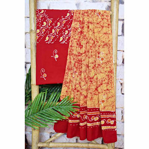 Red Cotton Indonesian Inspired Kalam Batik Two Piece Suit - SSEthnics