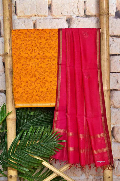 Orange Handloom Maheshwari Silk Handblock Printed Set - SSEthnics