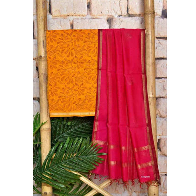 Orange Handloom Maheshwari Silk Handblock Printed Set - SSEthnics