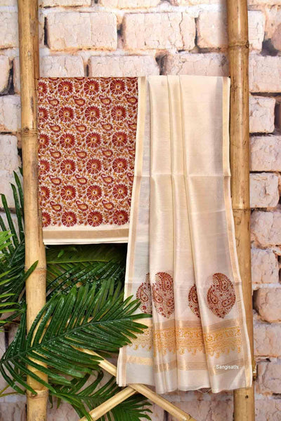 Cream Handloom Maheshwari Silk Handblock Printed Set - SSEthnics