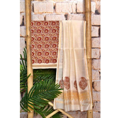 Cream Handloom Maheshwari Silk Handblock Printed Set - SSEthnics