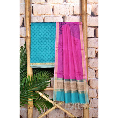 SEA GREEN Handloom Maheshwari Silk Handblock Printed Set - SSEthnics