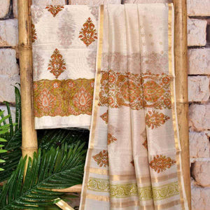 Cream Handloom Maheshwari Silk Handblock Printed Set - SSEthnics