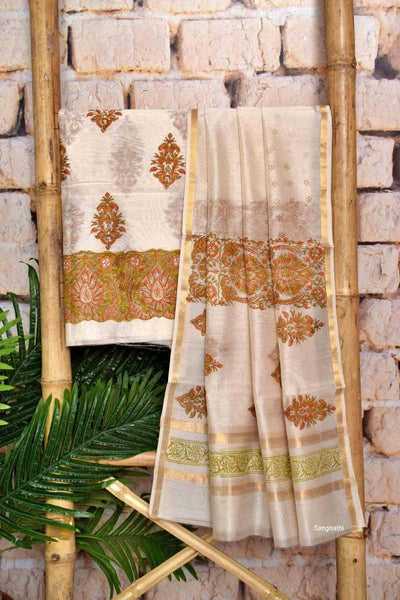 Cream Handloom Maheshwari Silk Handblock Printed Set - SSEthnics
