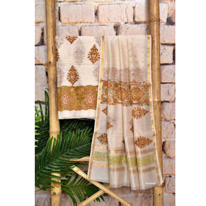 Cream Handloom Maheshwari Silk Handblock Printed Set - SSEthnics