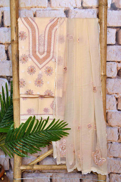 Beige Chikankari Unstitched Suit with Gota Patti - SSEthnics
