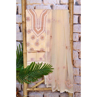 Beige Chikankari Unstitched Suit with Gota Patti - SSEthnics