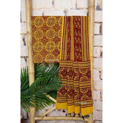 Yellow-Red Ajrakh Triple Block Two Piece Set - SSEthnics