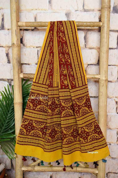 Yellow-Red Ajrakh Triple Block Two Piece Set - SSEthnics