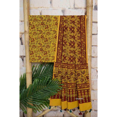 Yellow-Red Ajrakh Triple Block Two Piece Set - SSEthnics