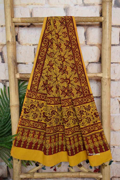 Yellow-Red Ajrakh Triple Block Two Piece Set - SSEthnics