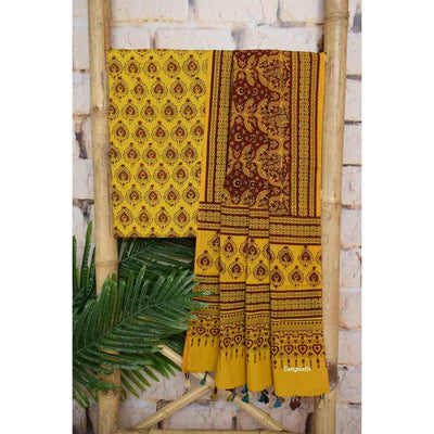 Yellow-Red Ajrakh Triple Block Two Piece Set - SSEthnics