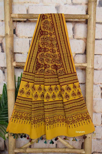 Yellow-Red Ajrakh Triple Block Two Piece Set - SSEthnics