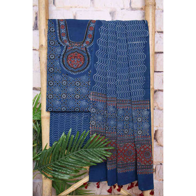 Ajrakh Neck Block Print Cotton Suit - SSEthnics
