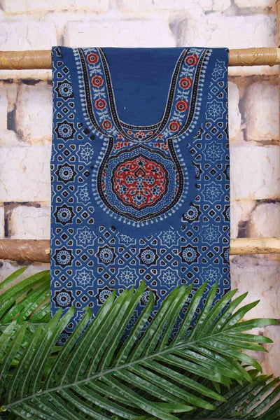 Ajrakh Neck Block Print Cotton Suit - SSEthnics
