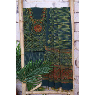 Ajrakh Neck Block Print Cotton Suit - SSEthnics