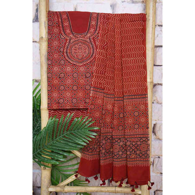 Ajrakh Neck Block Print Cotton Suit - SSEthnics