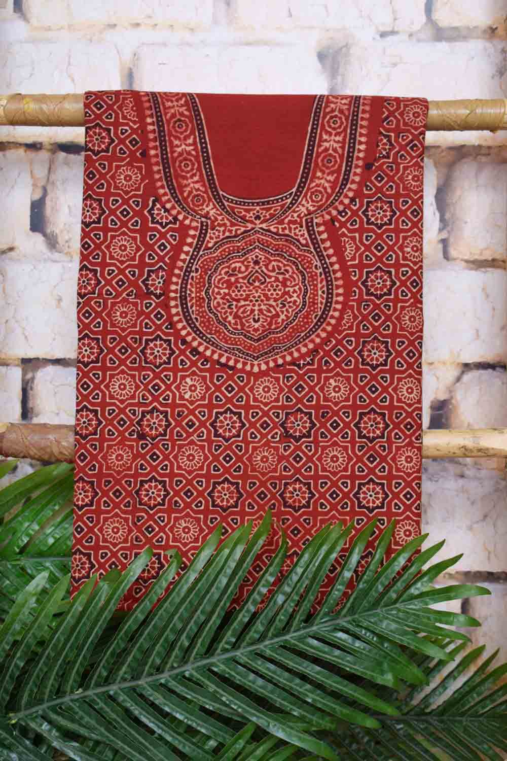 Ajrakh Neck Block Print Cotton Suit - SSEthnics