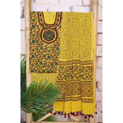 Ajrakh Neck Block Print Cotton Suit - SSEthnics