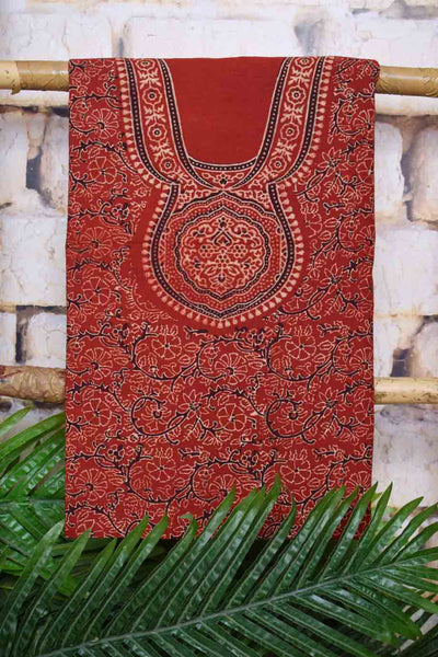Ajrakh Neck Block Print Cotton Suit - SSEthnics
