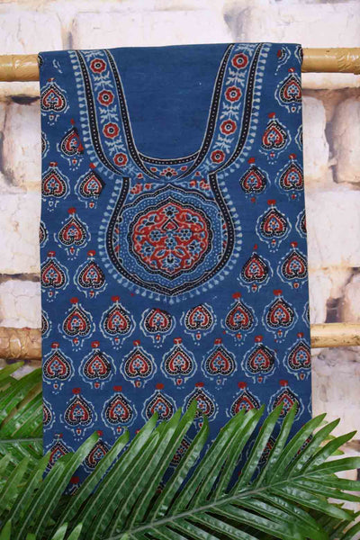 Ajrakh Neck Block Print Cotton Suit - SSEthnics