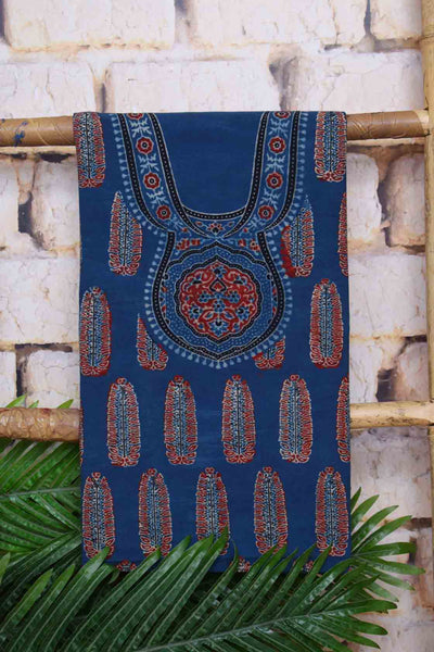 Ajrakh Neck Block Print Cotton Suit - SSEthnics