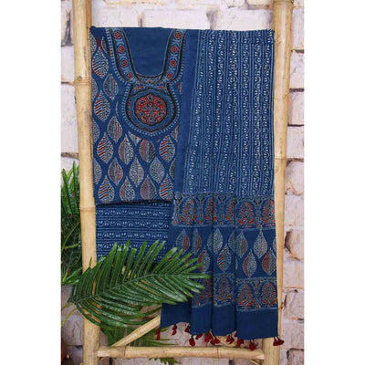 Ajrakh Neck Block Print Cotton Suit - SSEthnics