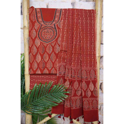 Ajrakh Neck Block Print Cotton Suit - SSEthnics