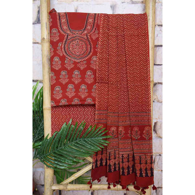 Ajrakh Neck Block Print Cotton Suit - SSEthnics