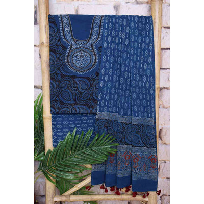 Ajrakh Neck Block Print Cotton Suit - SSEthnics