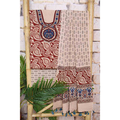 Ajrakh Neck Block Print Cotton Suit - SSEthnics