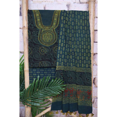 Ajrakh Neck Block Print Cotton Suit - SSEthnics