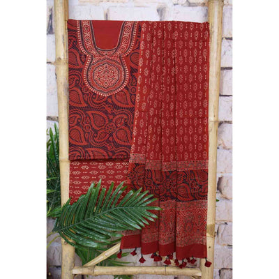 Ajrakh Neck Block Print Cotton Suit - SSEthnics