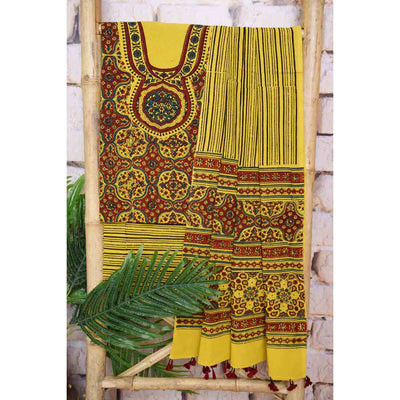 Ajrakh Neck Block Print Cotton Suit - SSEthnics