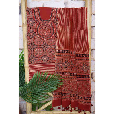 Ajrakh Neck Block Print Cotton Suit - SSEthnics