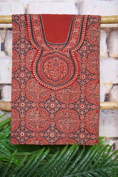 Ajrakh Neck Block Print Cotton Suit - SSEthnics