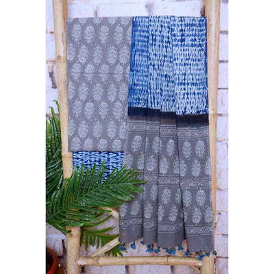 Grey Special Ajrakh Shibori Cotton Suit- SSEthnics