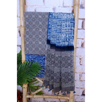 Grey Special Ajrakh Shibori Cotton Suit- SSEthnics