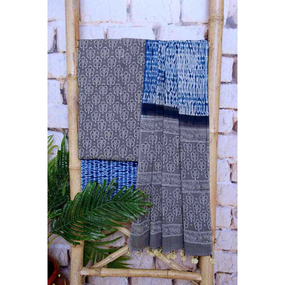 Grey Special Ajrakh Shibori Cotton Suit- SSEthnics