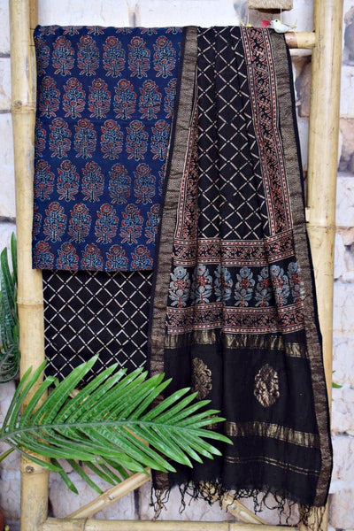 Indigo Ajrakh Handloom Maheshwari Silk Suit - SSEthnics