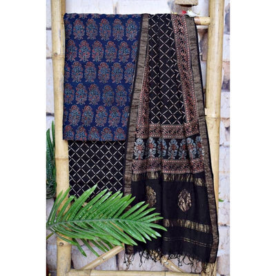 Indigo Ajrakh Handloom Maheshwari Silk Suit - SSEthnics
