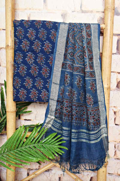 Indigo Ajrakh Block Print Linen Two Piece Set - SSEthnics