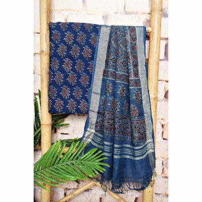Indigo Ajrakh Block Print Linen Two Piece Set - SSEthnics