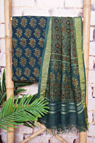 Green Ajrakh Block Print Linen Two Piece Set - SSEthnics