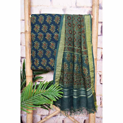 Green Ajrakh Block Print Linen Two Piece Set - SSEthnics