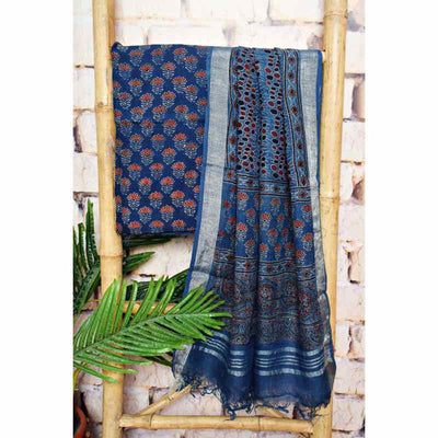 Indigo Ajrakh Block Print Linen Two Piece Set - SSEthnics