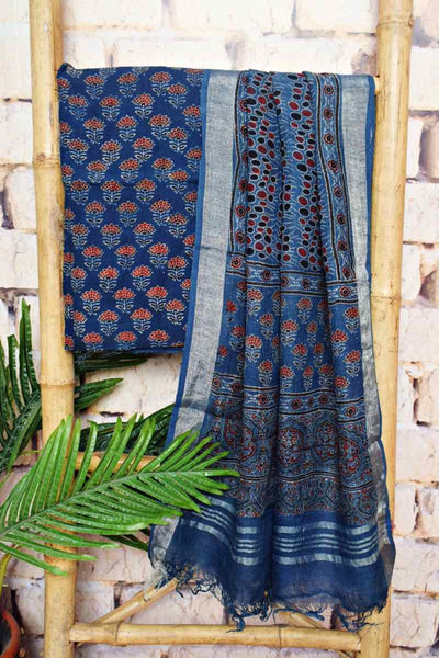 Indigo Ajrakh Block Print Linen Two Piece Set - SSEthnics