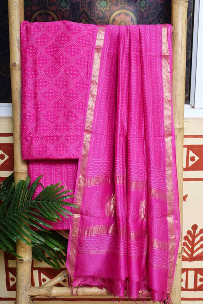 Pink Handloom Maheshwari Silk Block Print Set - SSEthnics
