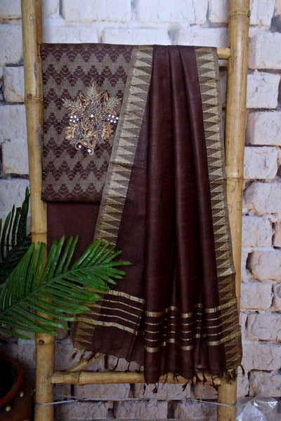 Brown Bhagalpuri Silk Cotton Suit with Hand Embroidery - SSEthnics