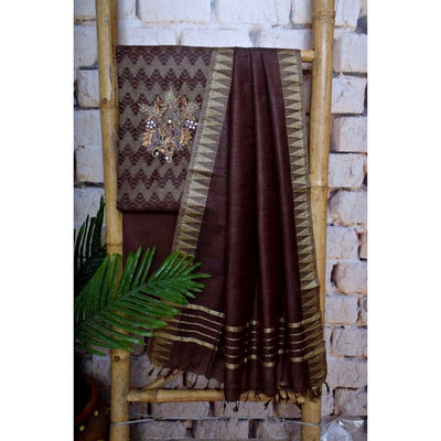 Brown Bhagalpuri Silk Cotton Suit with Hand Embroidery - SSEthnics